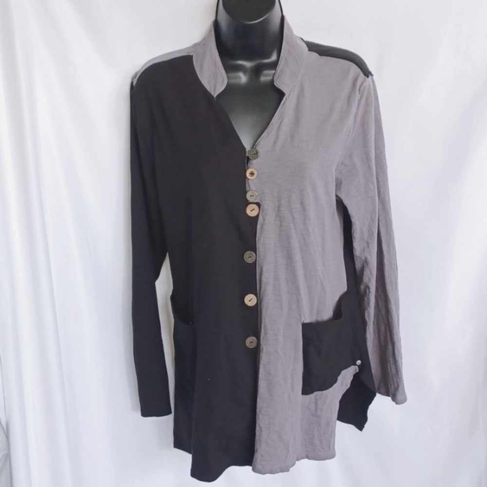 Neon Buddha Womens Sz M Wearable Art to Wear Blouse Black/Grey, 20" PTP, 26" L
